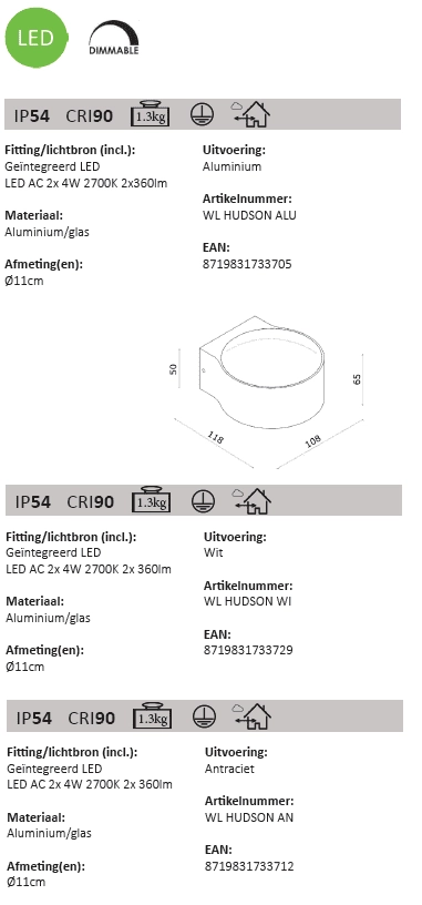 Buitenlamp up/down Hudson 11cm - zwart Artdelight 8719831733712