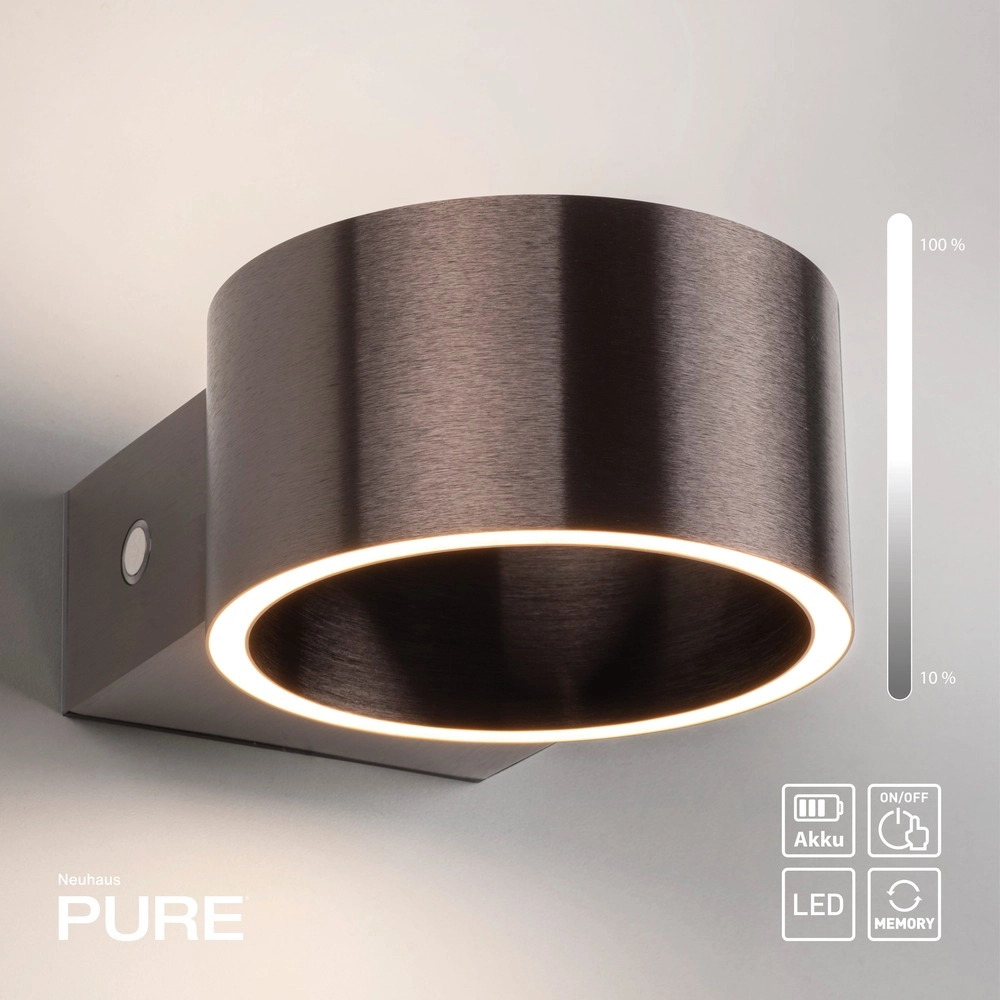 Oplaadbare wandlamp Pure Akku Clipse Donker bruin geborstel Paul Neuhaus 4012248393017
