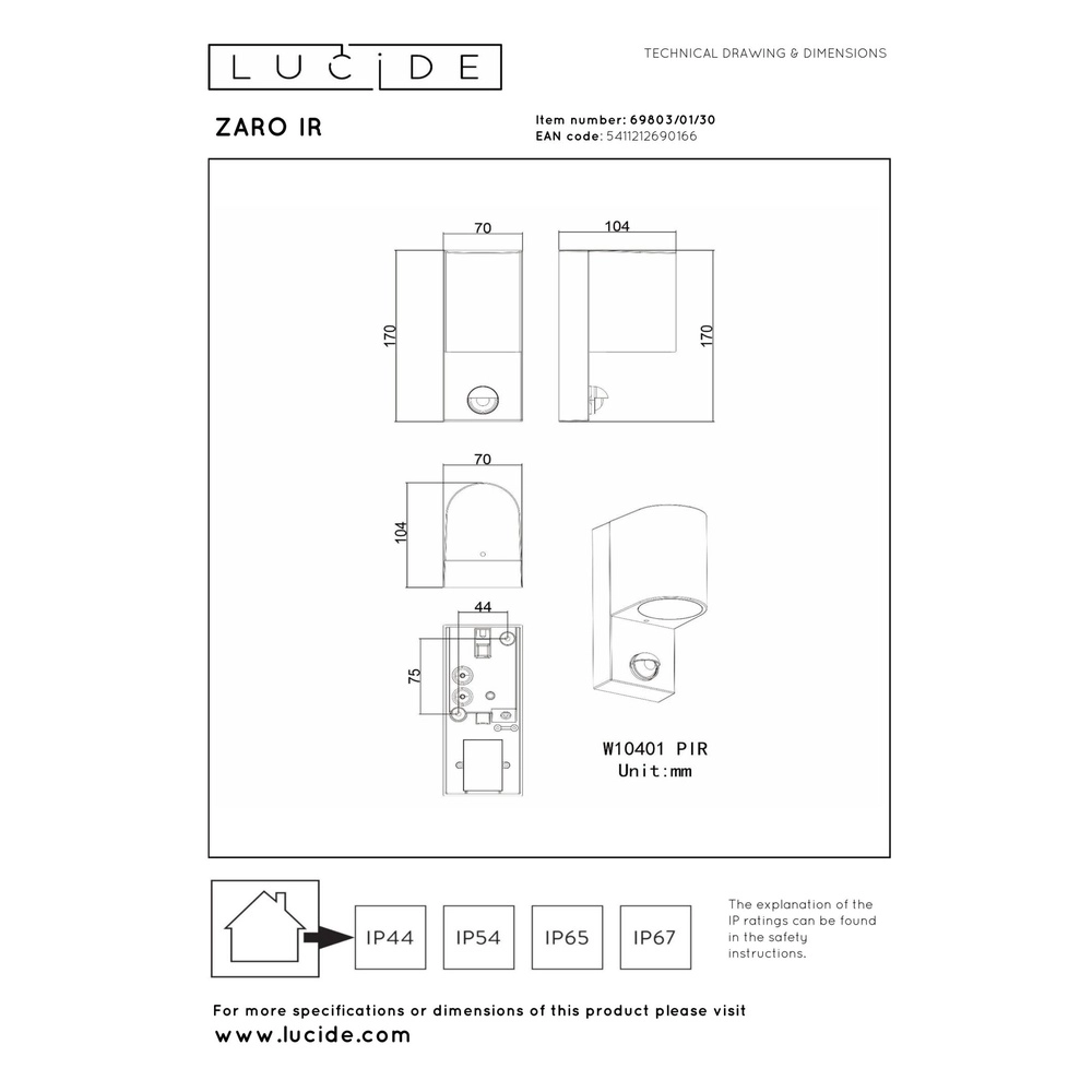 Wandspot Zaro enkel zwart met sensor Lucide 5411212690166