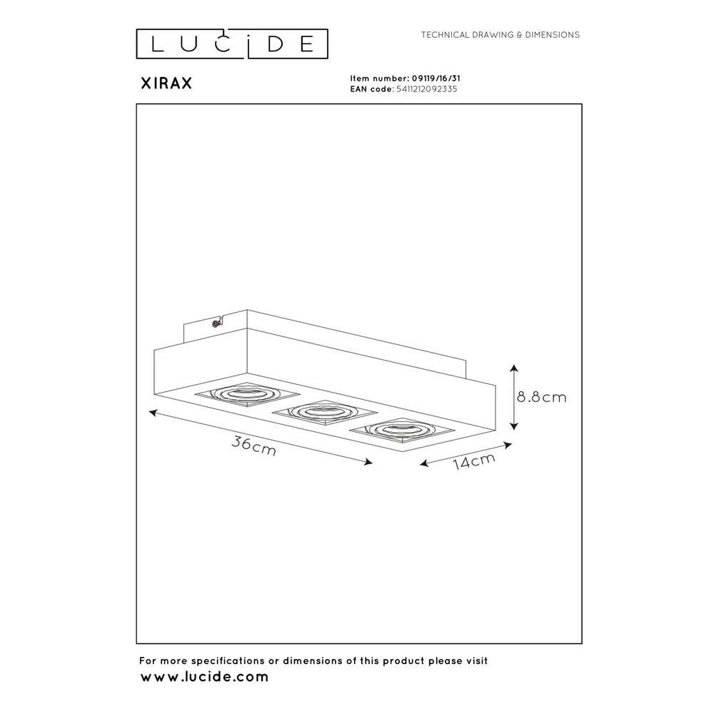 Plafondspot Xirax 3 x 5W wit Lucide 5411212092335