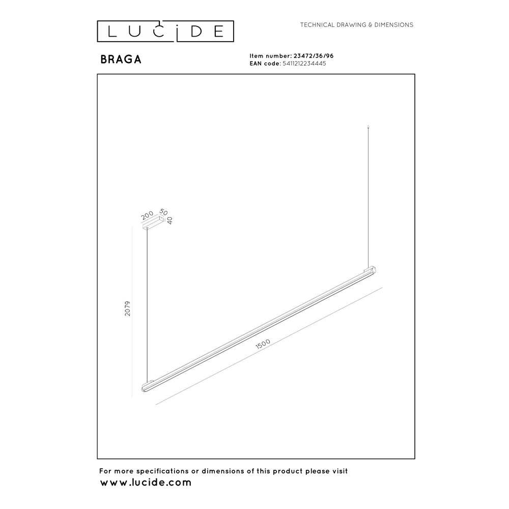 Strakke led hanglamp Braga 150cm - champagne Premium by Lucide 5411212234445