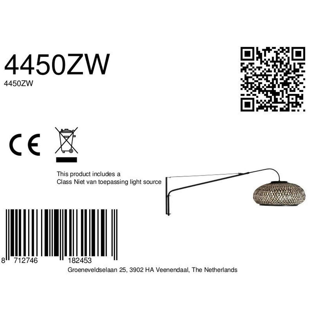 Wandlamp Elegant Classy zwart en rotan kap Steinhauer 8712746182453