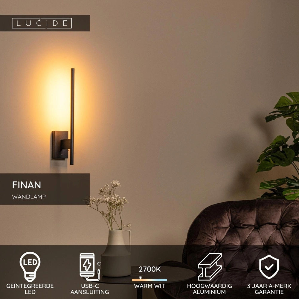 Design wandlamp Finan met USB oplaadpunt zwart Lucide 5411212680013