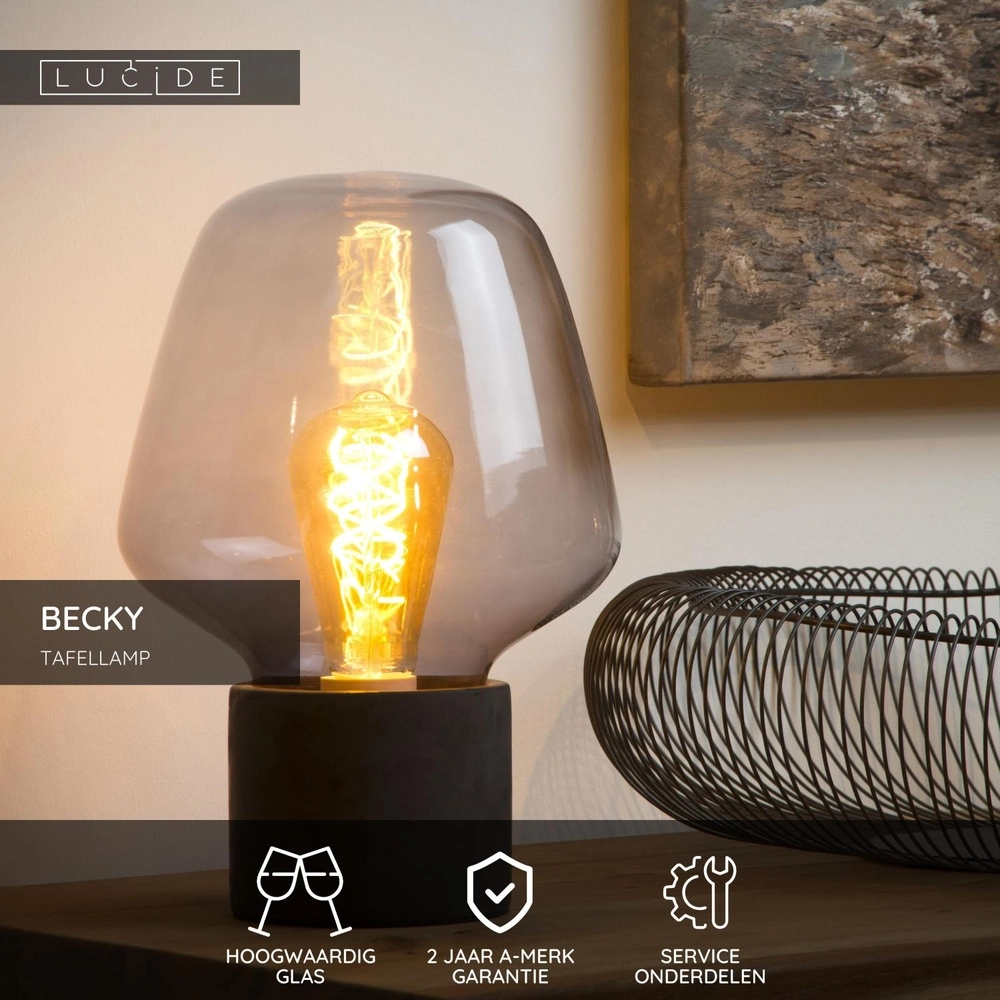 Tafellampje Becky zwart met smoke glas Lucide 5411212450753