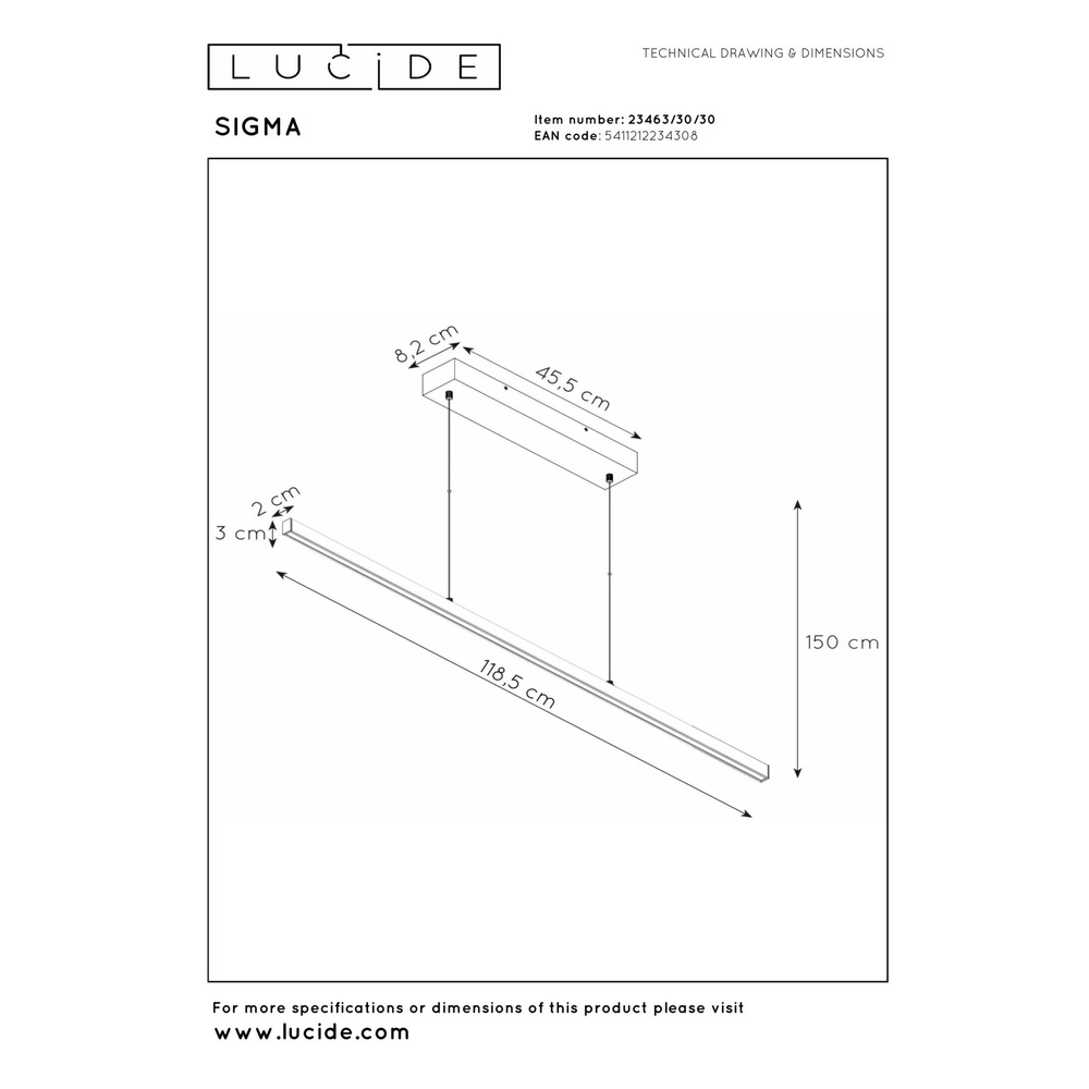 Strakke hanglamp Sigma zwart 118,5cm Lucide 5411212234308