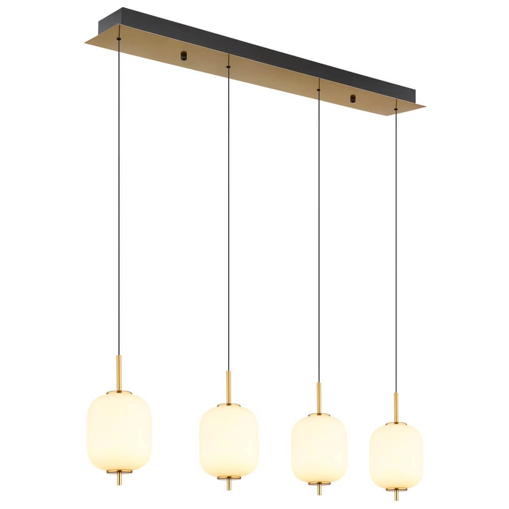 Gouden hanglamp Ewald 4-lichts wit glas