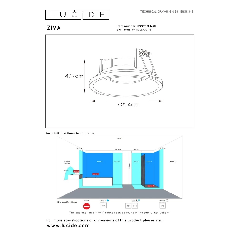 Inbouwspot Ziva IP44 zwart Ø 8,4cm Lucide 5411212092175