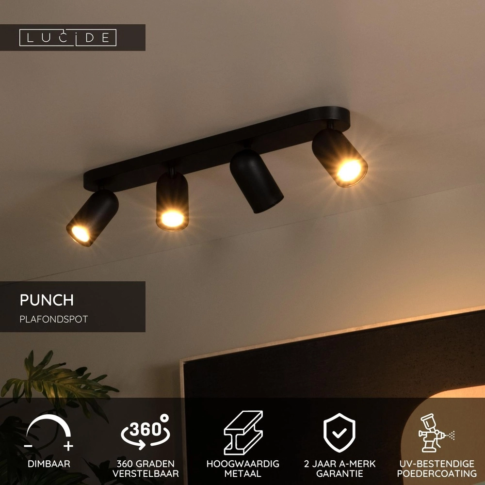 Plafondspot Punch 4-lichts zwart Lucide 5411212134332