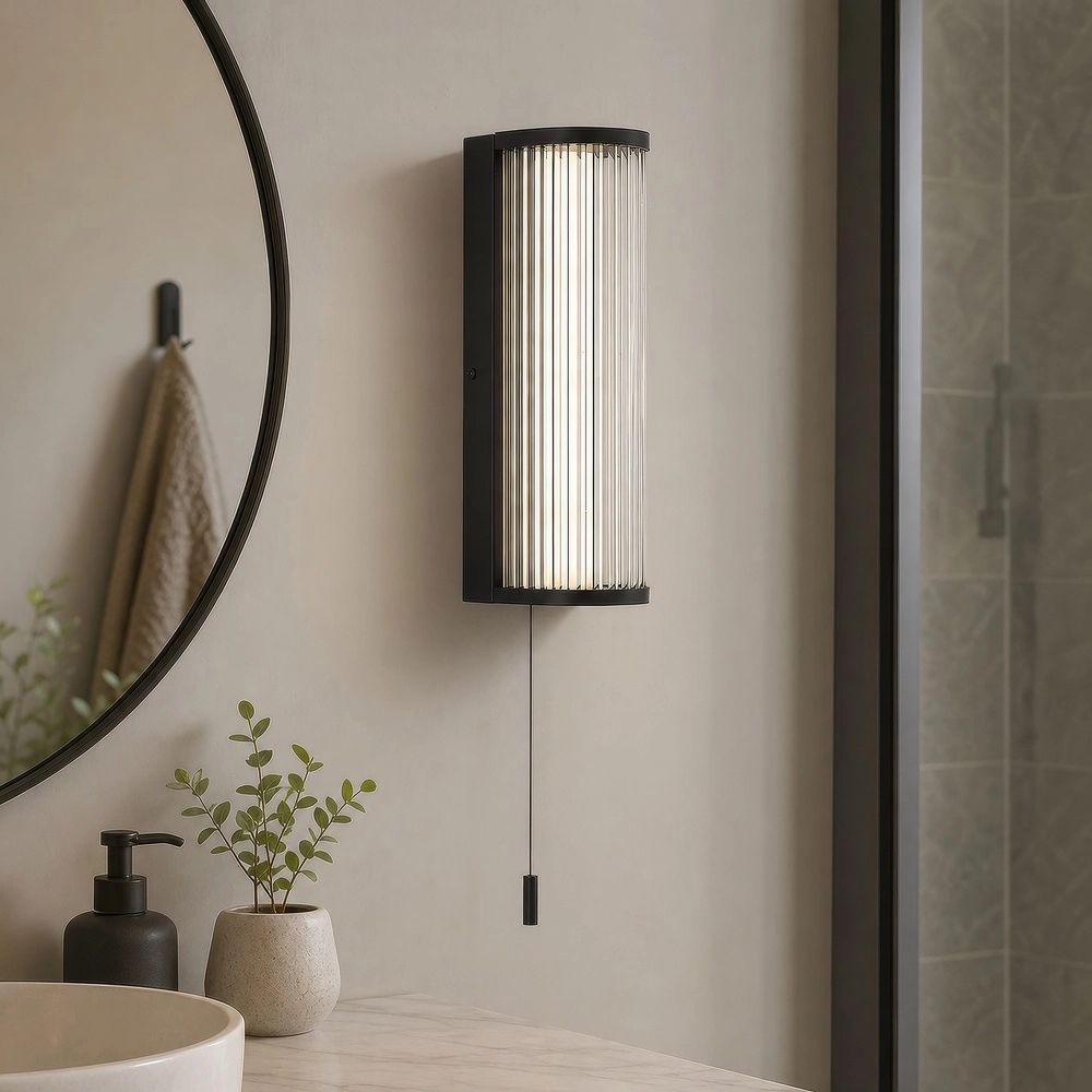 Moderne wandlamp Rue zwart met ribbel glas Searchlight 5,05342E+12