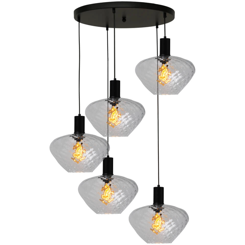 5-lichts vide hanglamp - zwart - Porto met Blossom clear glazen