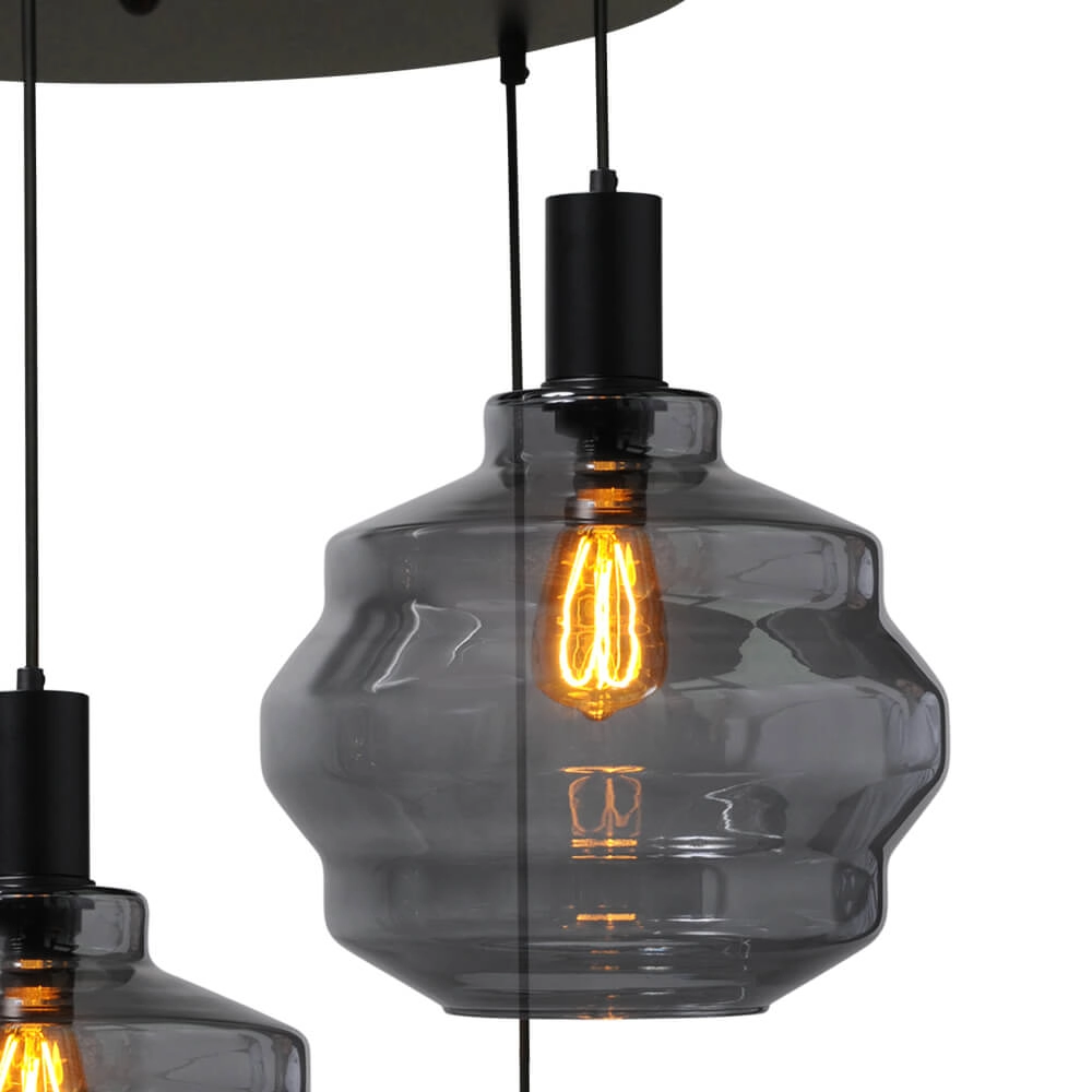 5-lichts vide hanglamp - zwart - Porto met Ball smoke glazen - Ø 30cm Masterlight 8718121271033