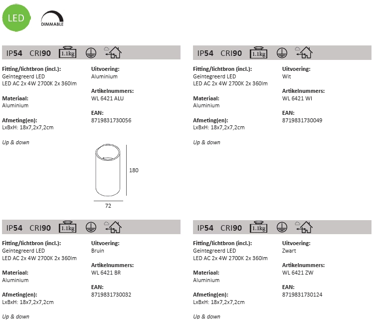 Buitenlamp up/down Brody alu - 7cm Artdelight 8719831730056