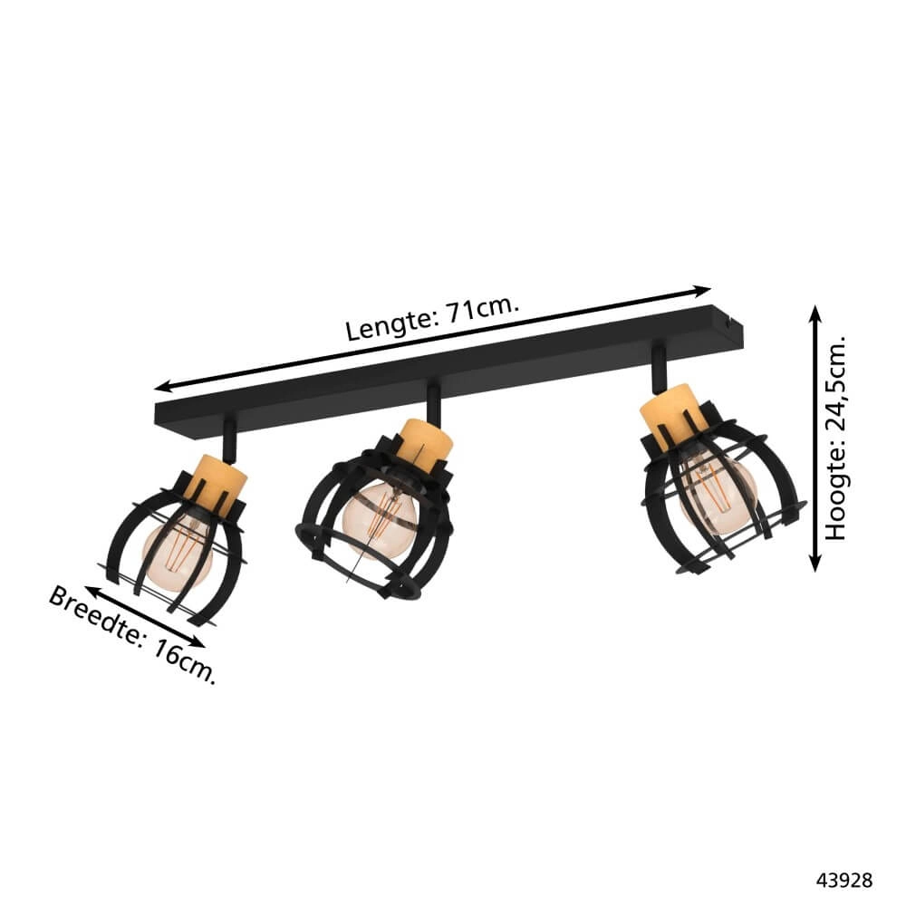 3-lichts plafondlamp Stillington 1 zwart met hout Eglo 9002759439286