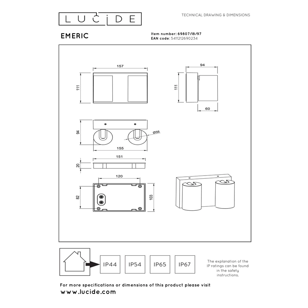 Wandspot IP65 Emeric roestbruin dubbel Lucide 5411212690234