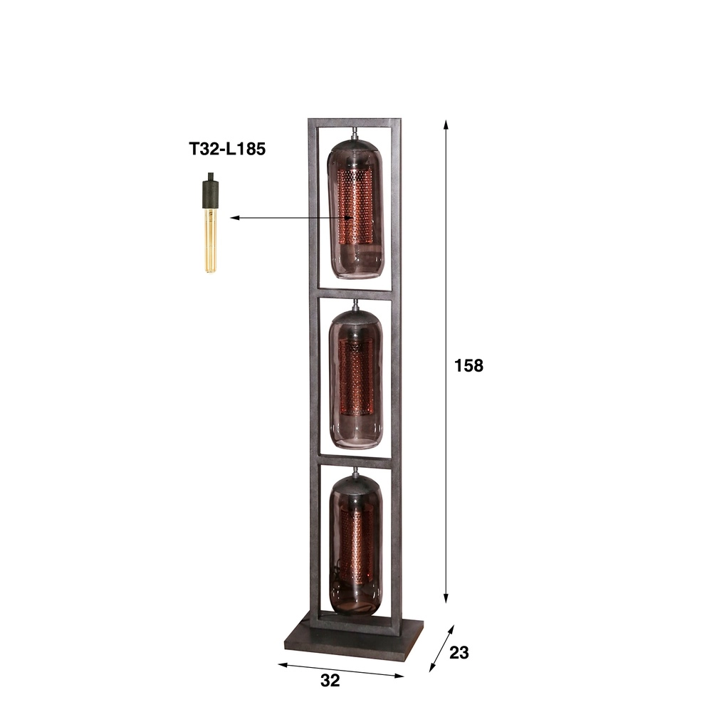 Glazen vloerlamp Smoke 3x E27 - 158cm - zwart met roodkoper Lyora 8716803512153