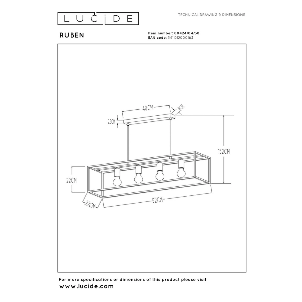 Hanglamp Ruben 4-lichts zwart Lucide 5411212000163
