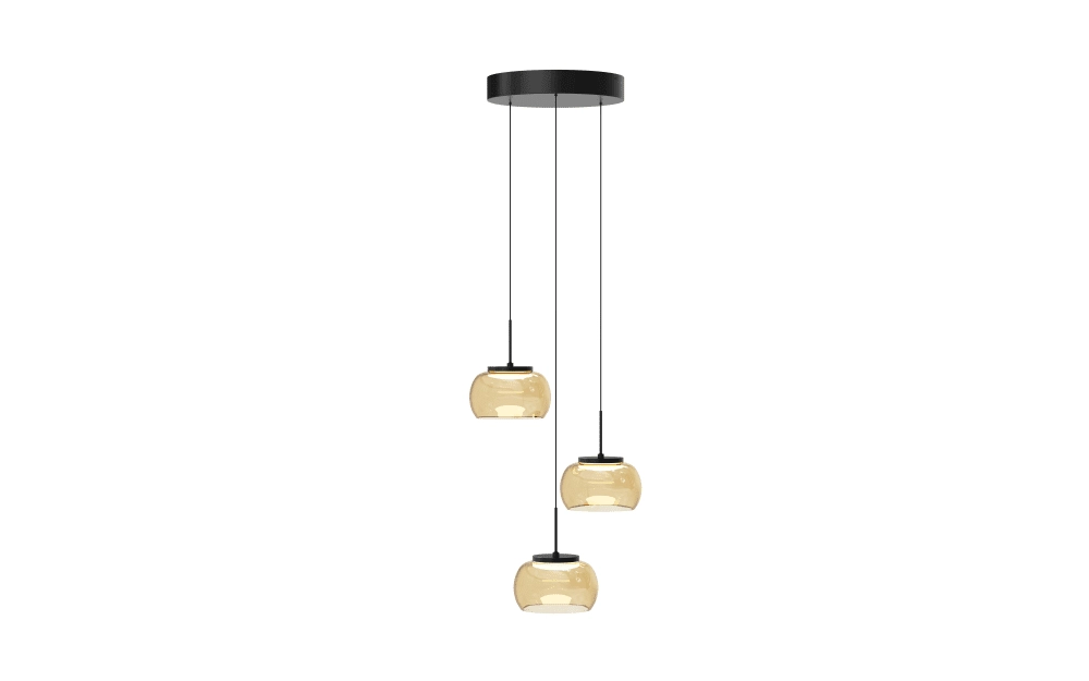 3-lichts hanglamp Bounto zwart rond amber glas