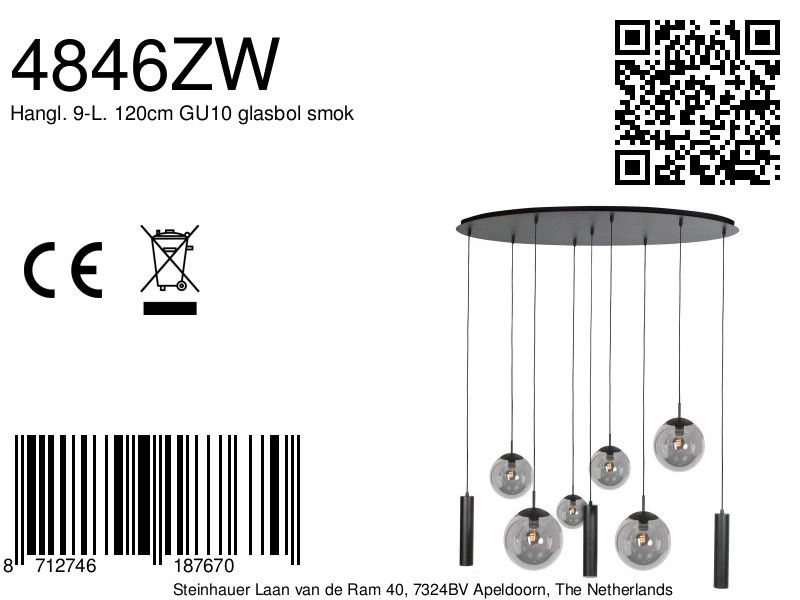 Design hanglamp Bollique 9-lichts zwart Steinhauer 8712746187670