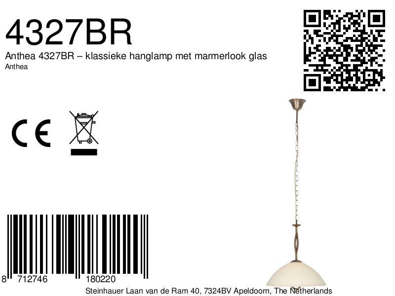 Klassieke hanglamp Anthea 1-lichts brons Steinhauer 8712746180220