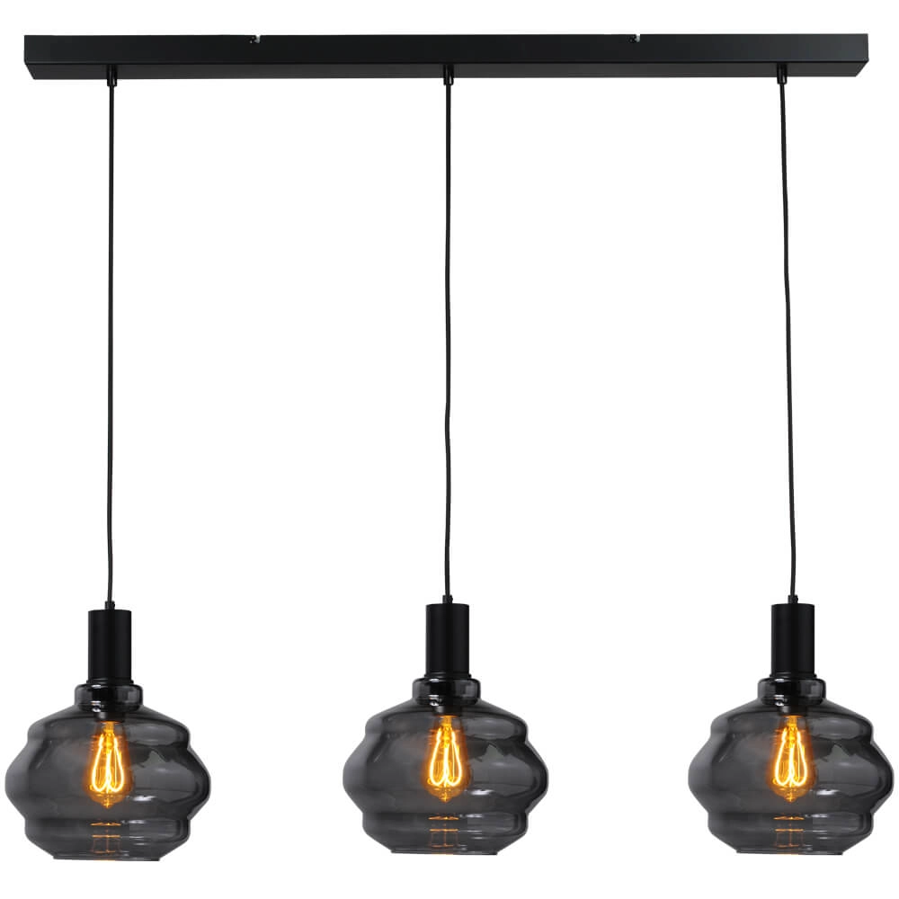 3-lichts hanglamp - zwart - Porto met Ball smoke glazen - Ø 24cm 3-lichts hanglamp - zwart - Porto met Ball smoke glazen - Ø 24cm