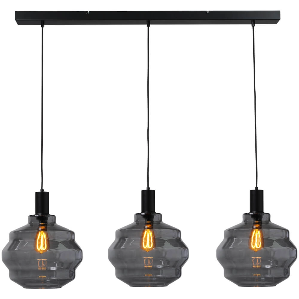 3-lichts hanglamp - zwart - Porto met Ball smoke glazen - Ø 30cm 3-lichts hanglamp - zwart - Porto met Ball smoke glazen - Ø 30cm