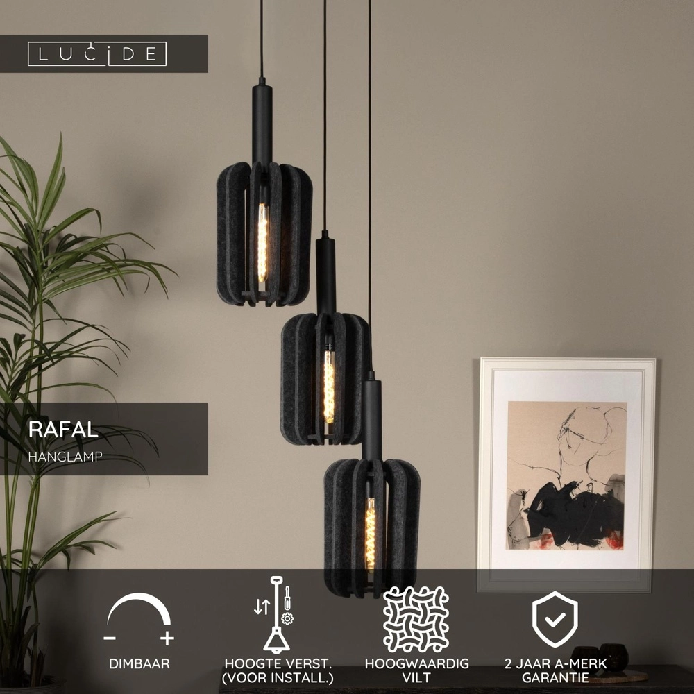 Strakke hanglamp Rafal 3-lichts rond zwart met grijs Lucide 5411212452788