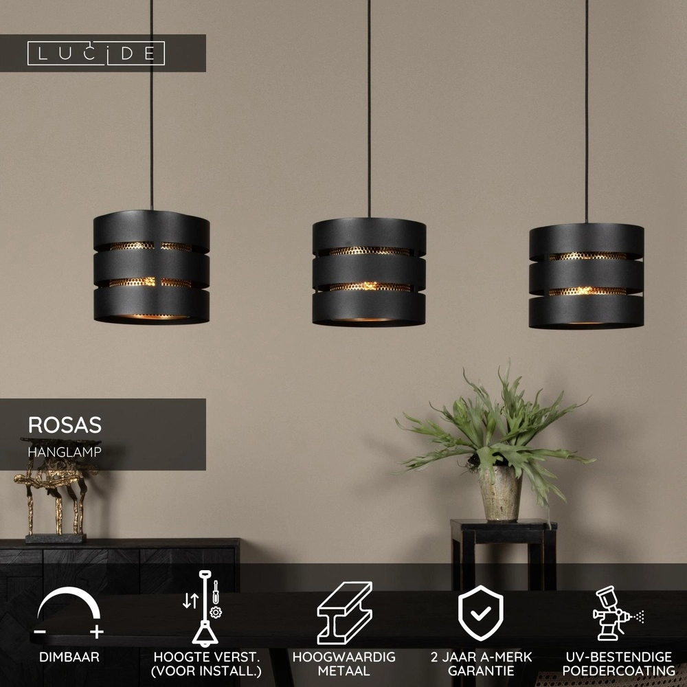 Hanglamp Rosas 3-lichts zwart met goud Lucide 5411212211828