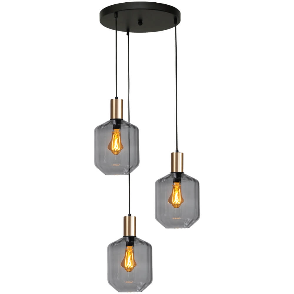 3-lichts vide hanglamp - goud - Porto met Jagger smoke glazen