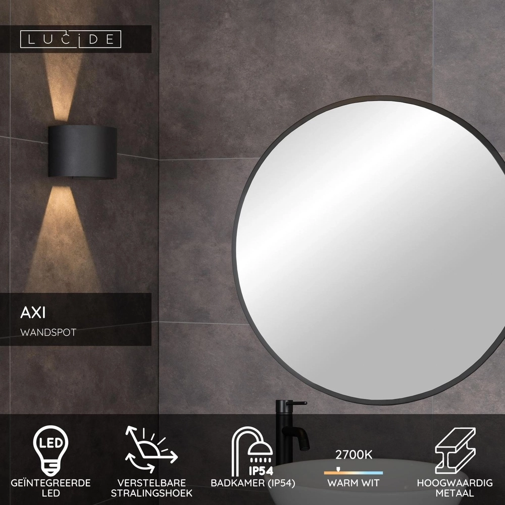 Vierkante wandspot Axi 2 x 3,5W IP54 zwart Lucide 5411212690029