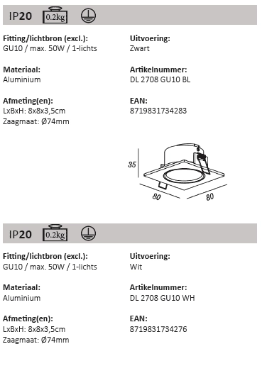 Witte inbouwspot vierkant Downel 9cm Artdelight 8719831730414