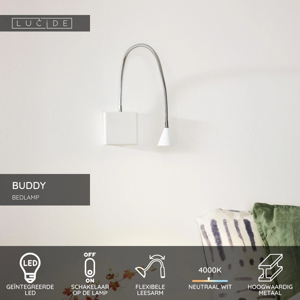 Bed leeslampje Buddy 4000K wit Lucide 5411212185549