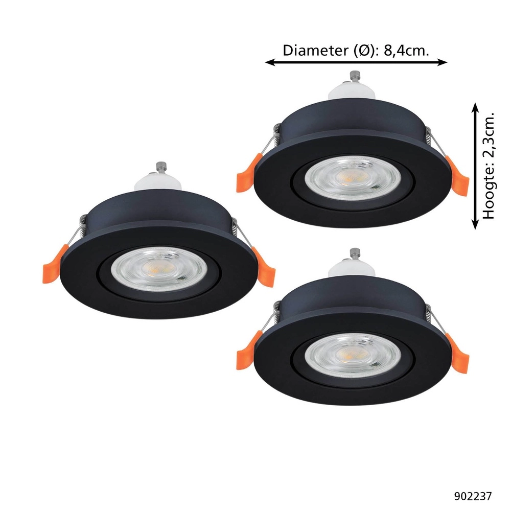 Set van 3 inbouwspots Barranco zwart Ø 8,4cm IP44 - 3000K Eglo 9008606359196