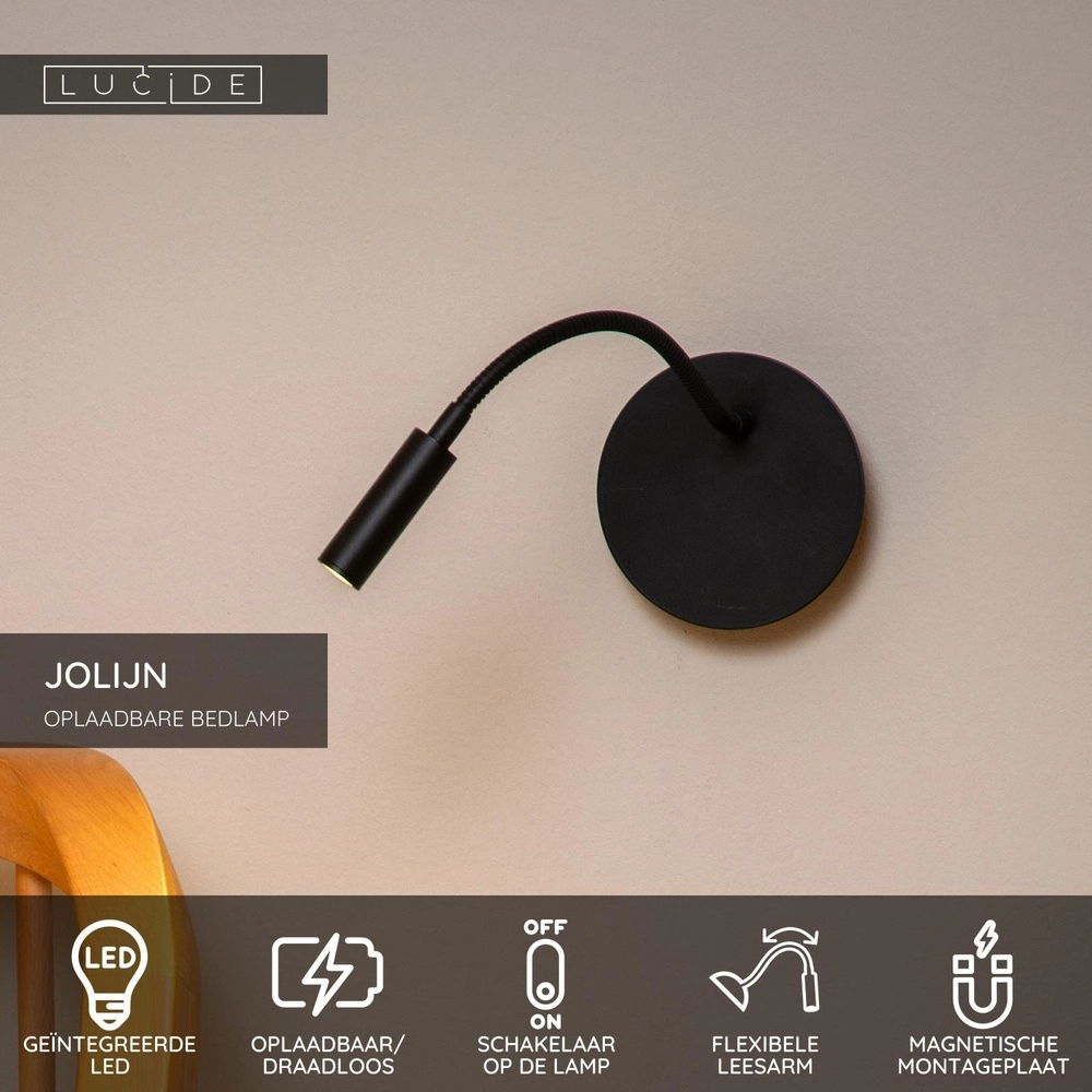Oplaadbare wandlamp Jolijn bedlampje zwart Lucide 5411212771384