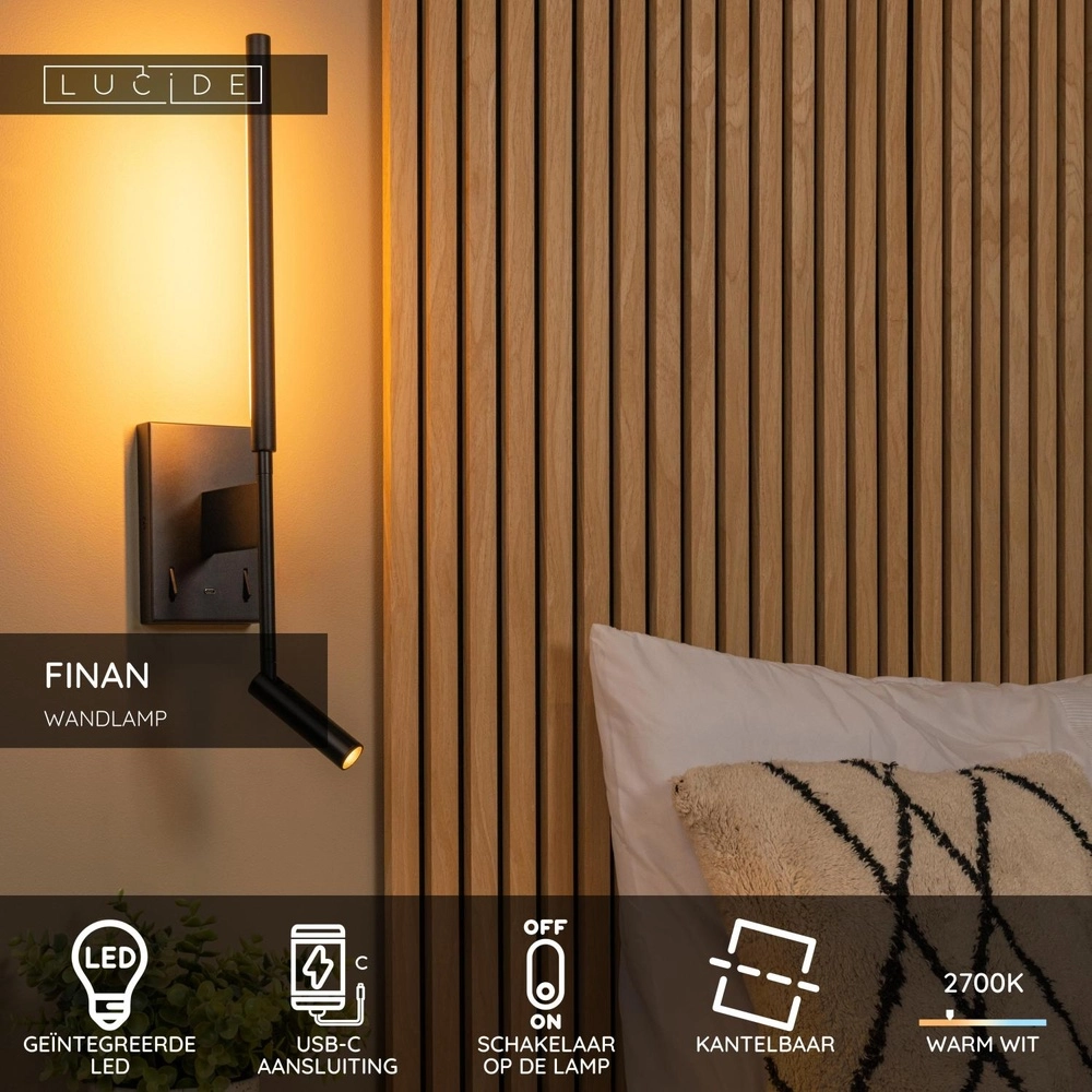 Design wandlamp Finan met leeslamp en USB oplaadpunt zwart Lucide 5411212680020