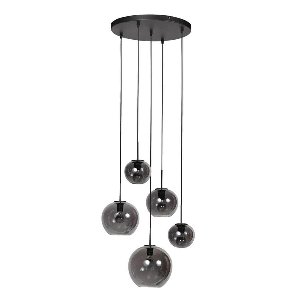 5-lichts hanglamp HaloSwap rond zwart en smoke glas