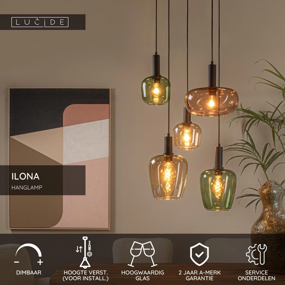 5-lichts hanglamp Ilona zwart met gekleurde glazen Lucide 5411212452757