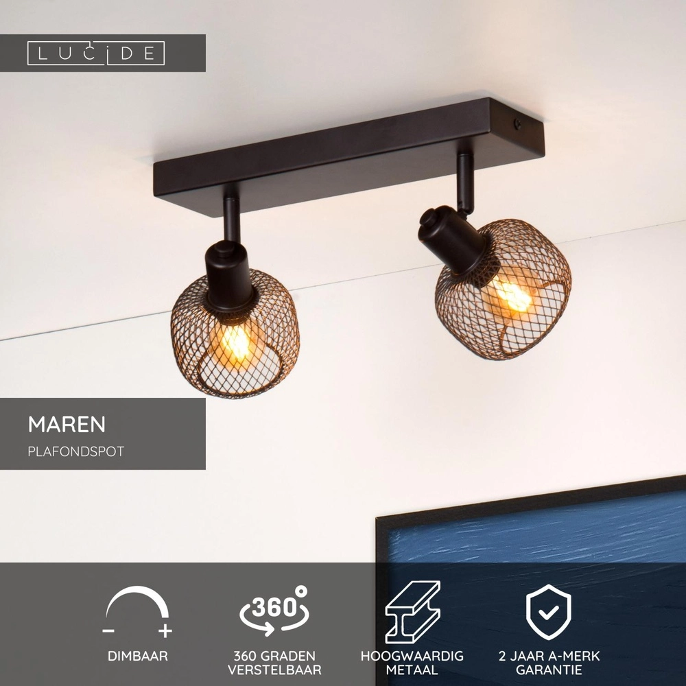 Plafondlampje Maren 2-lichts zwart Lucide 5411212771094