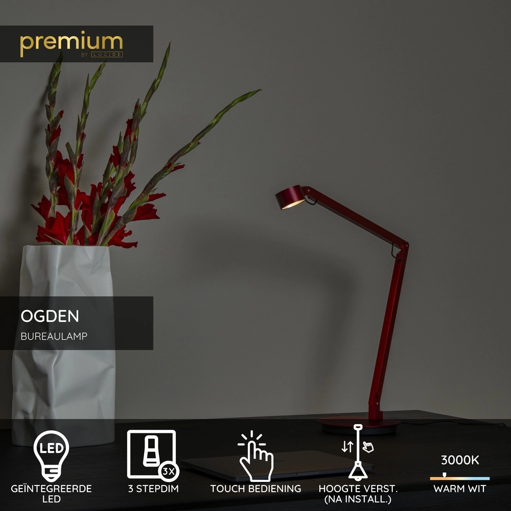 Bureaulamp Ogden rood Premium by Lucide 5411212560315