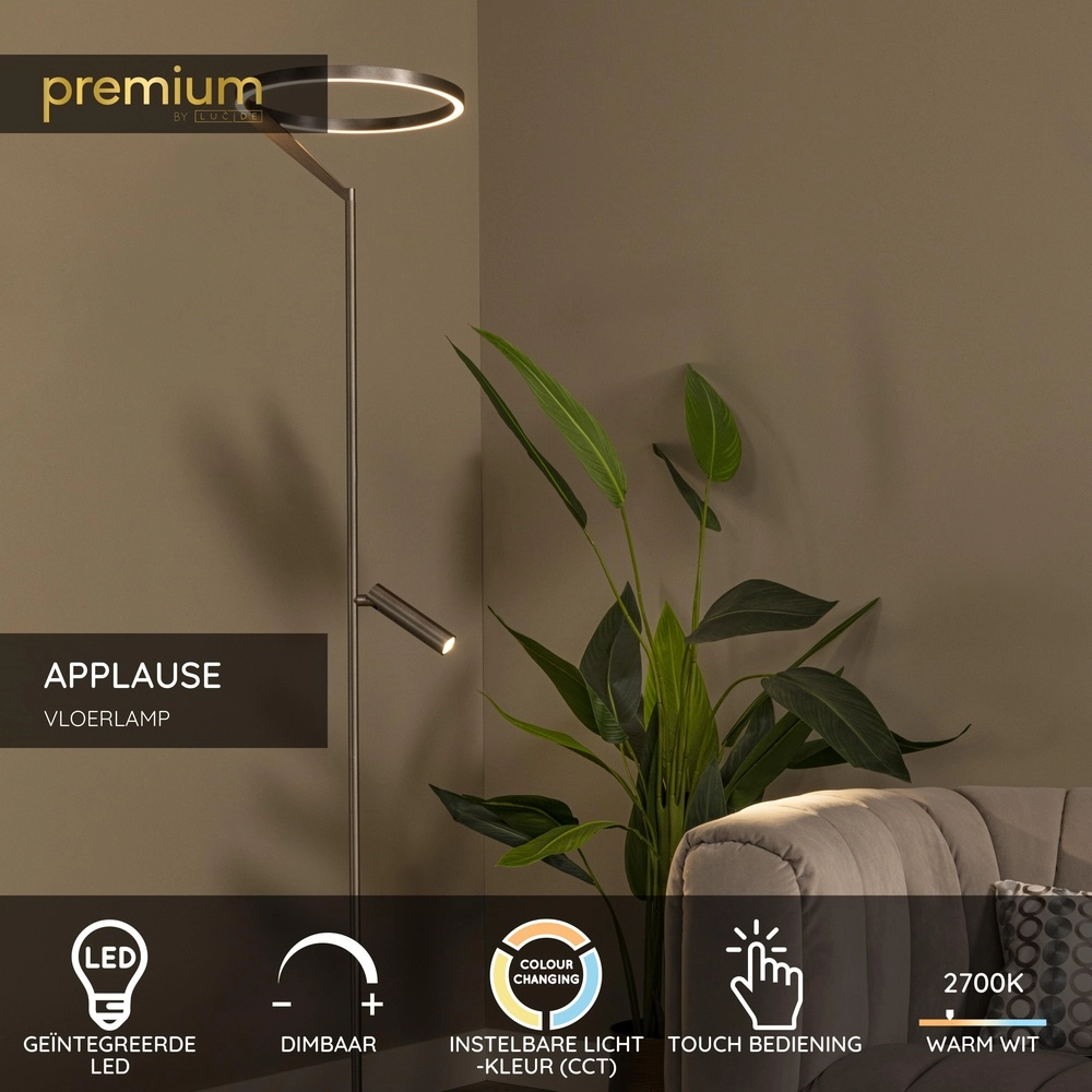 Strakke vloerlamp met leeslamp Applause geborsteld metaal - led Premium by Lucide 5411212221865