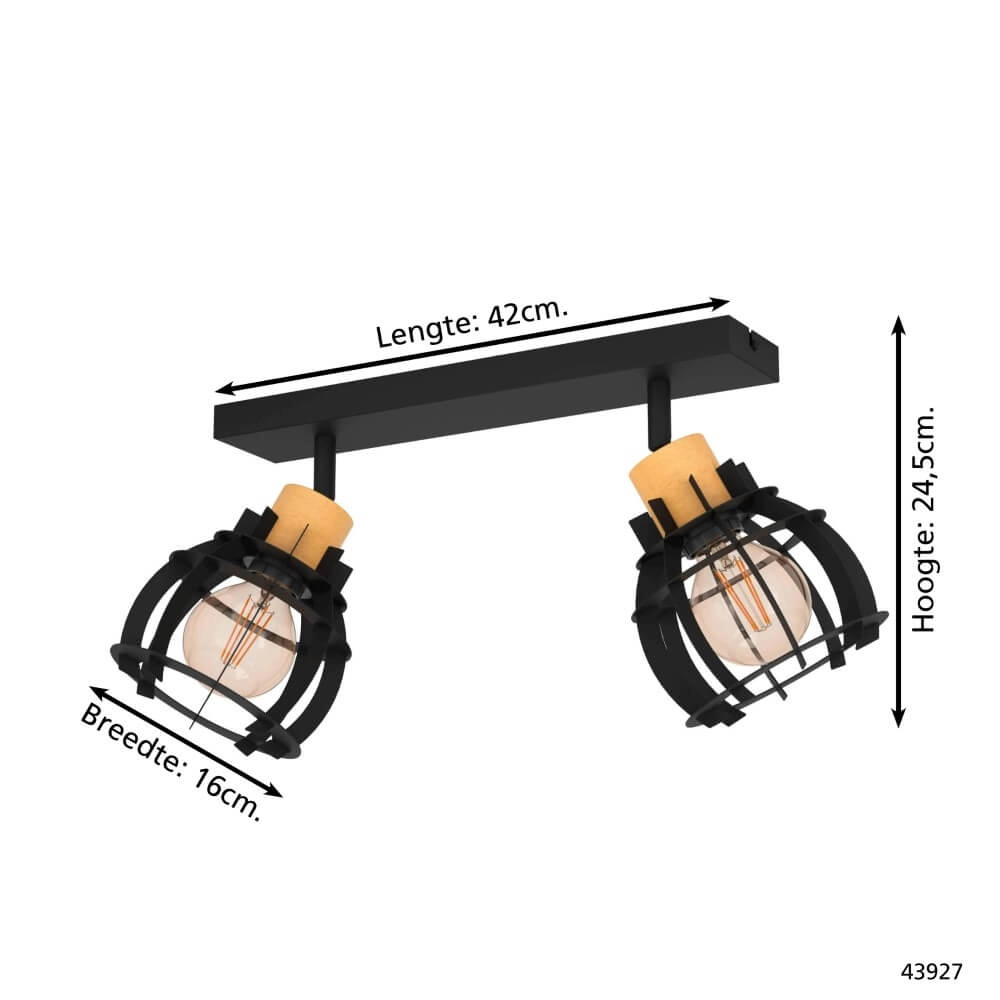 2-lichts plafondlamp Stillington 1 zwart met hout Eglo 9002759439279