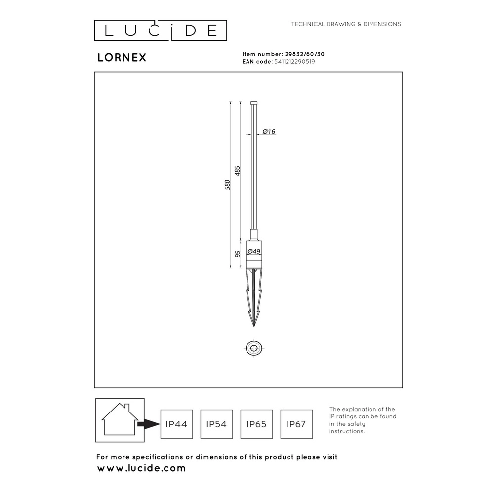 Strakke tuinlamp Lornex IP54 zwart 58cm Lucide 5411212290519
