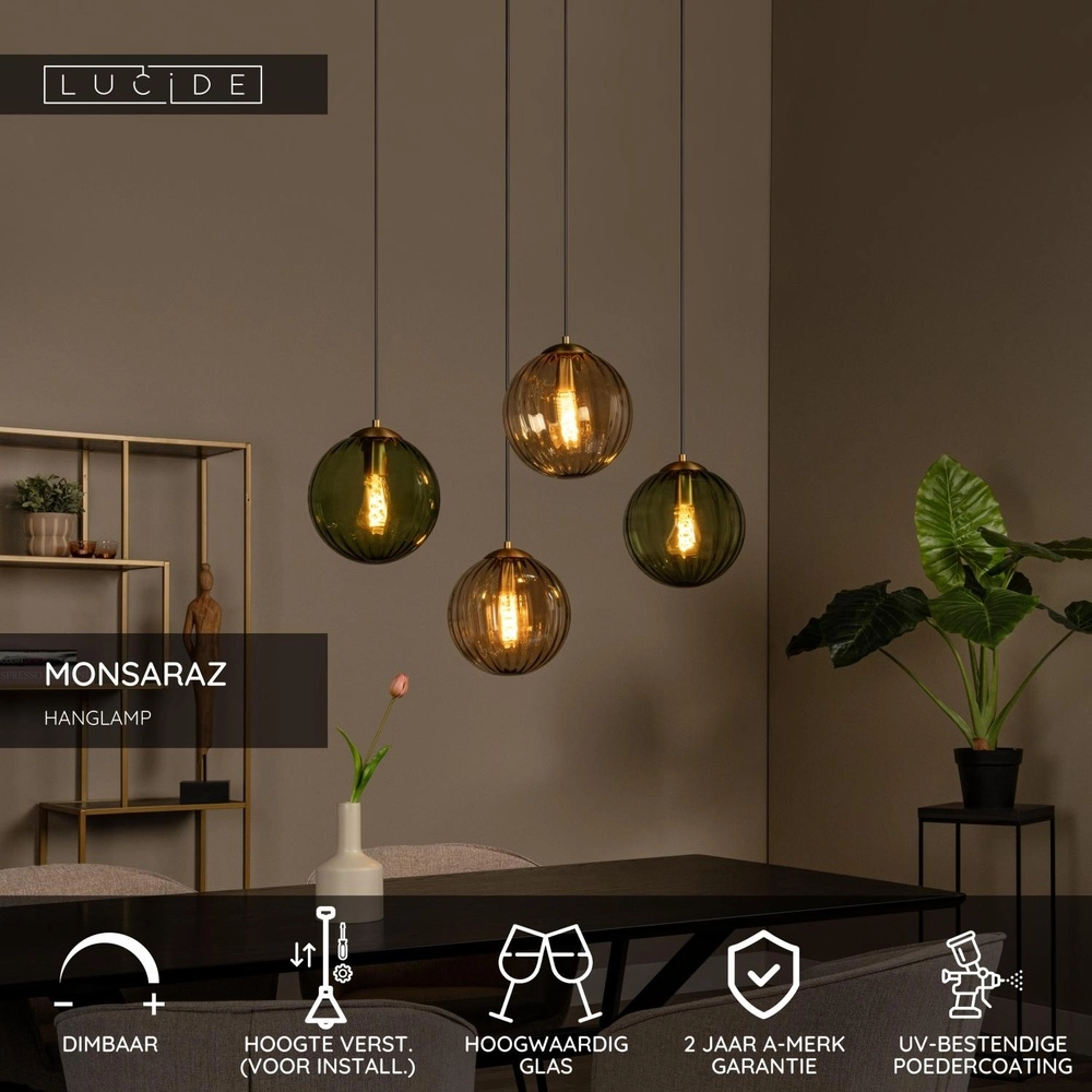 4-lichts hanglamp Monsaraz groen en amber glas Lucide 5411212452429