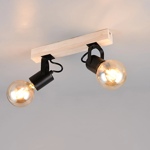 Plafondlamp dubbel Lynar zwart met hout