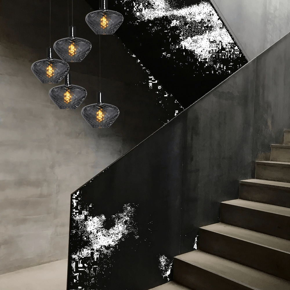 5-lichts vide hanglamp - zwart - Porto met Blossom smoke glazen Masterlight 8718121271088