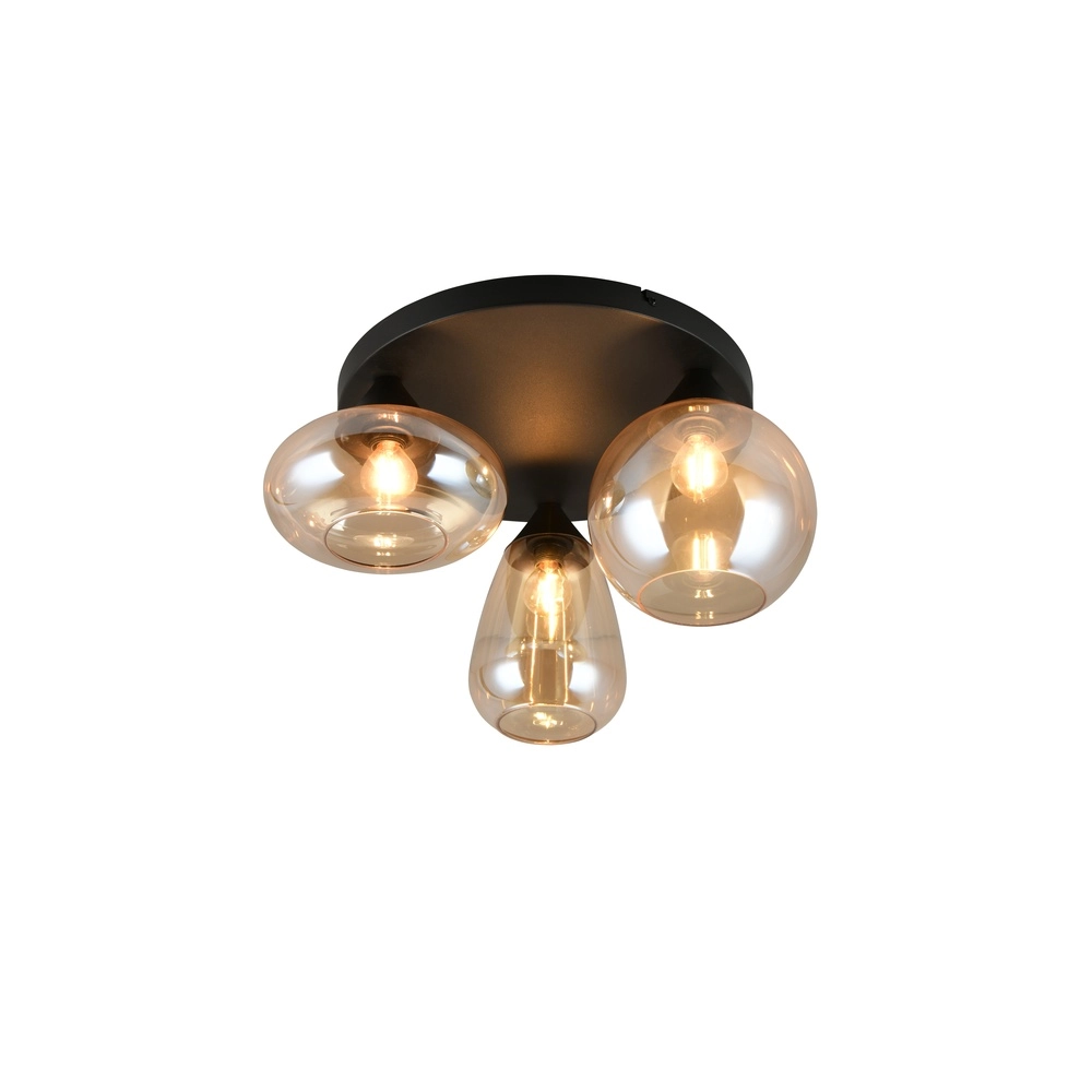 3-lichts plafondlamp Lumina zwart met amber glas 3-lichts plafondlamp Lumina zwart met amber glas