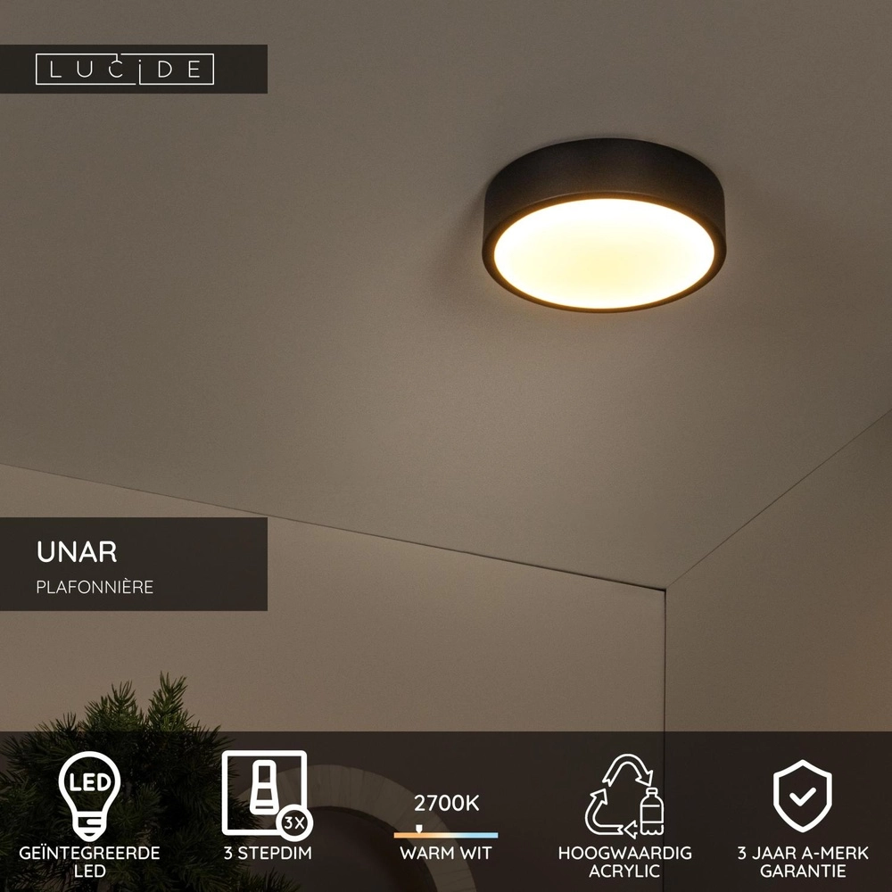 Plafonniere Unar Ø 20cm - 2700K - zwart Lucide 5411212791856