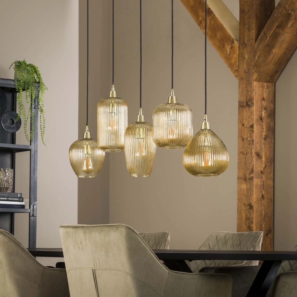 5-licht glazen hanglamp Stripe met amber glas Lyora 8716803511170