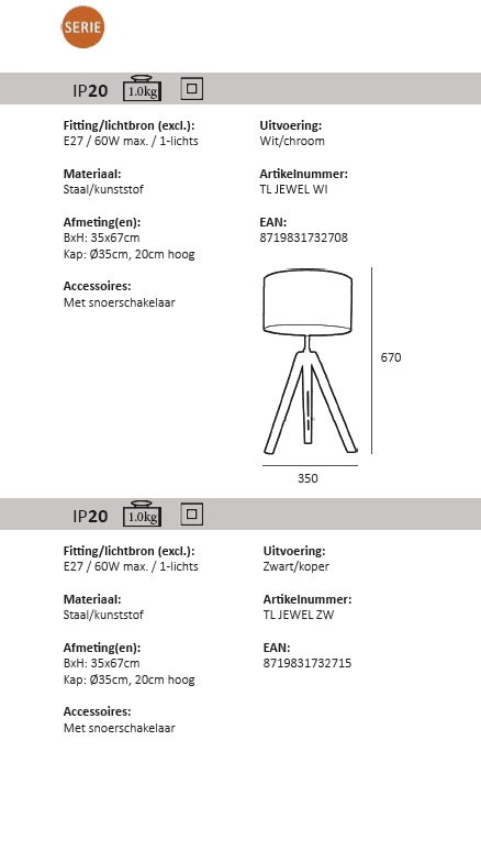 Tripod tafellamp Jewel 67cm wit met grijs Artdelight 8719831732708