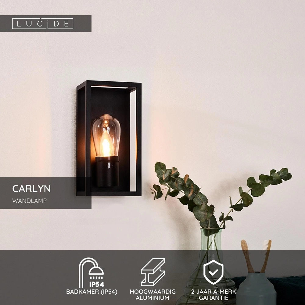 Zwarte wandlamp Carlyn enkel badkamer IP54 Lucide 5411212271723