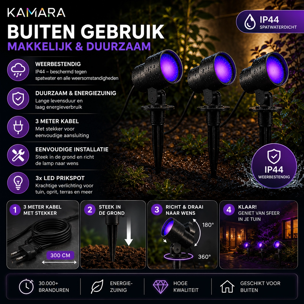 Smart Led prikspot set Kamara RGB - 3 stuks - met 3 meter snoer en stekker Brilliant 4004353453717